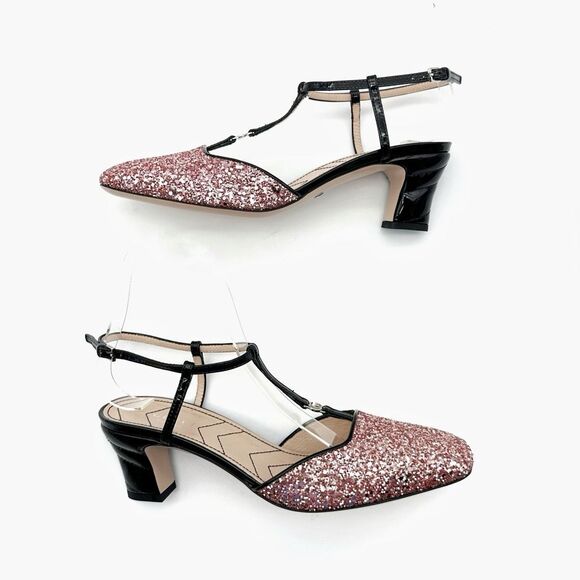 GUCCI Pink Glitter T-Strap Embellished Size 37.5 US 7.5 Leather GG Marmont - Picture 4 of 14